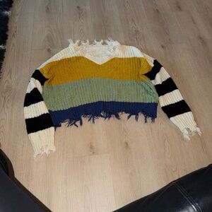 Striped Multicolor Frayed Hem Sweater